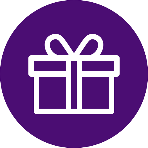 Gift icon on a purple background.