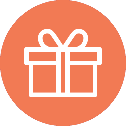 Gift box icon on orange circle background.