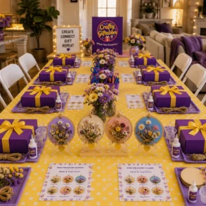 Craft party table with purple gift boxes