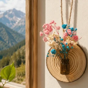 Hanging dried flowers jar with mountain view