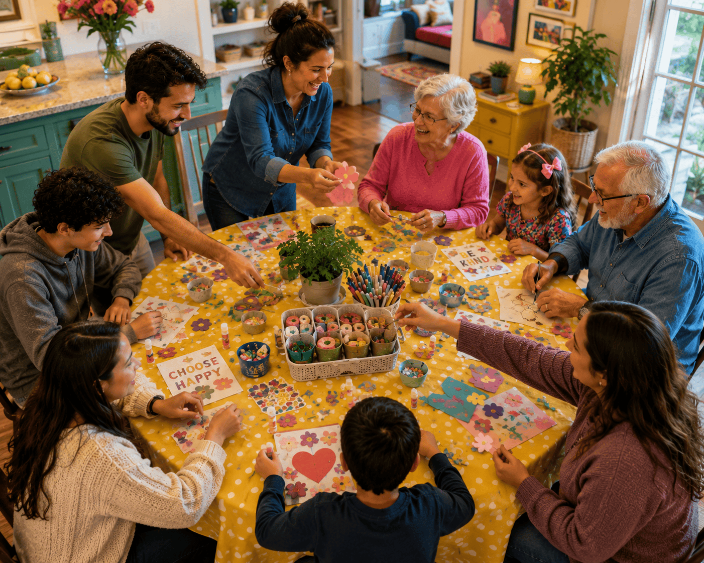 Family crafting together around a table.