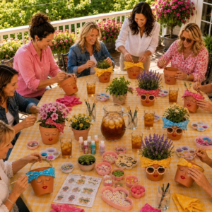 Women crafting flower pots at outdoor party
