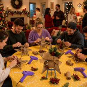 Friends making DIY Christmas star ornaments