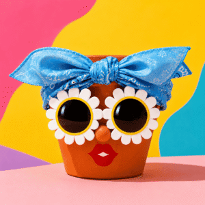 Decorated terracotta pot with daisy sunglasses