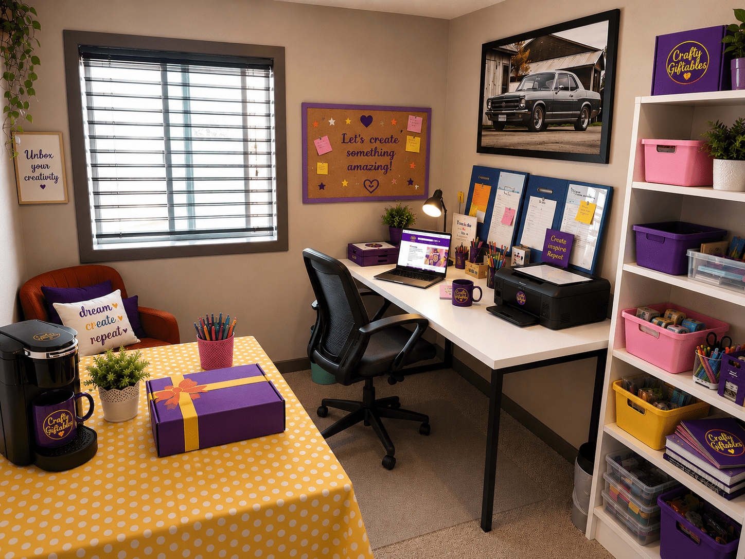 Colorful home office with crafting supplies.