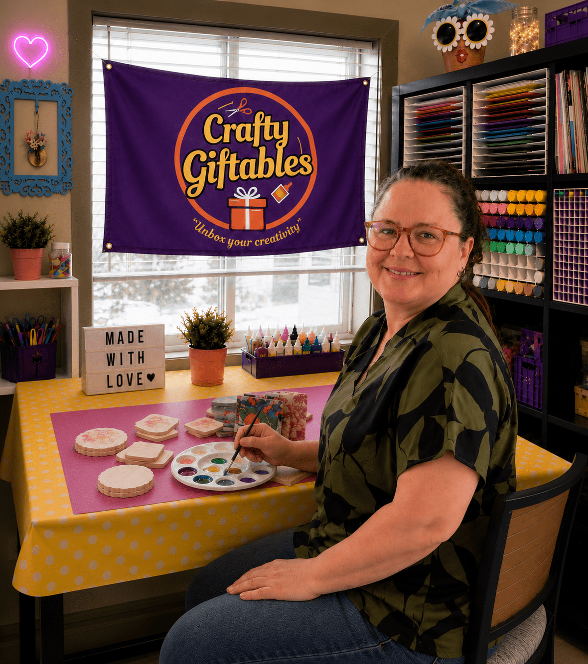 Woman painting wooden crafts at colorful table