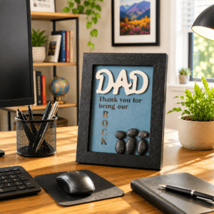 Framed Dad appreciation plaque on desk