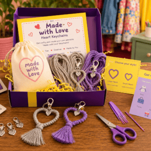 DIY keychain kit with yarn and tools.