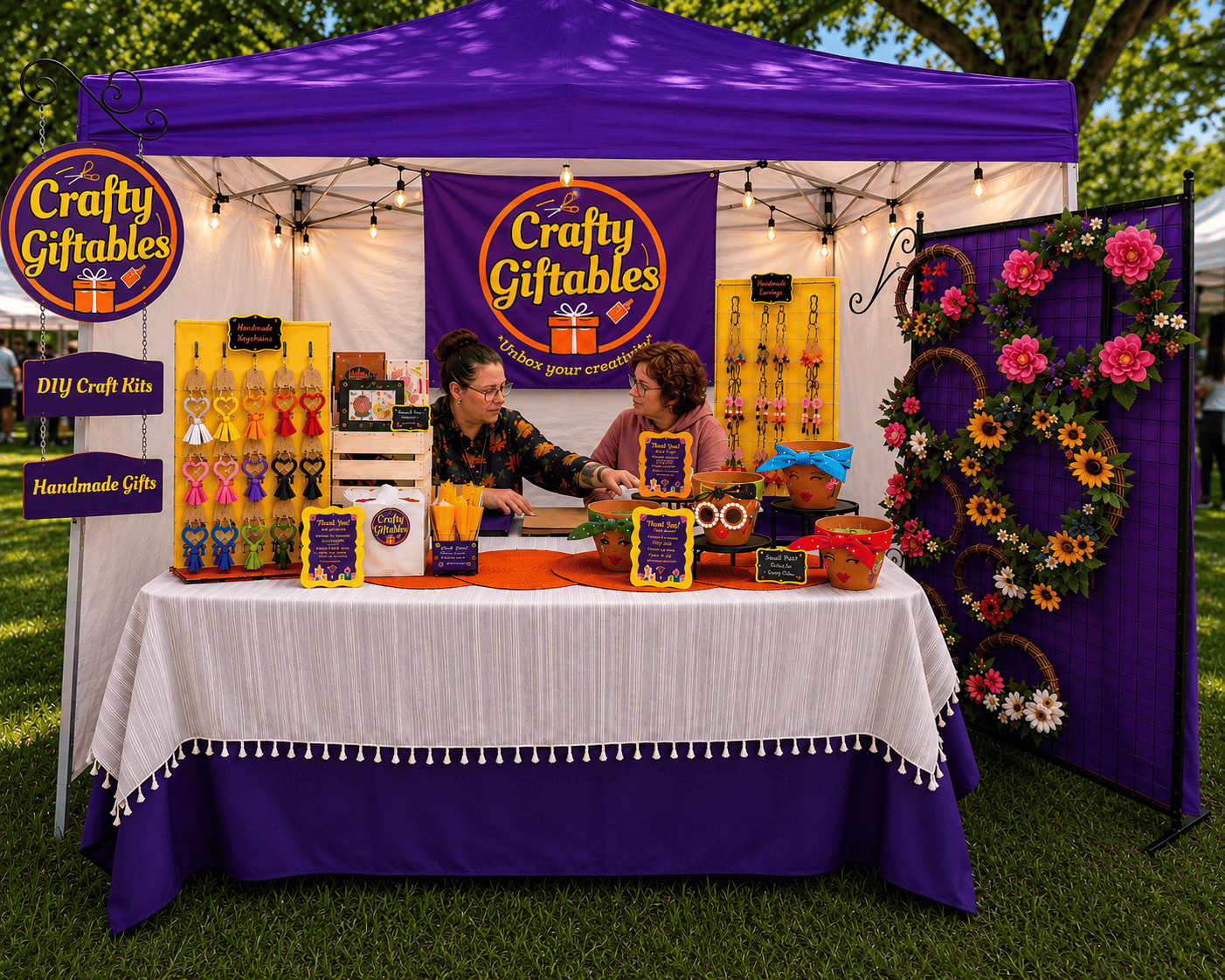 Outdoor craft fair booth with colorful handmade gifts