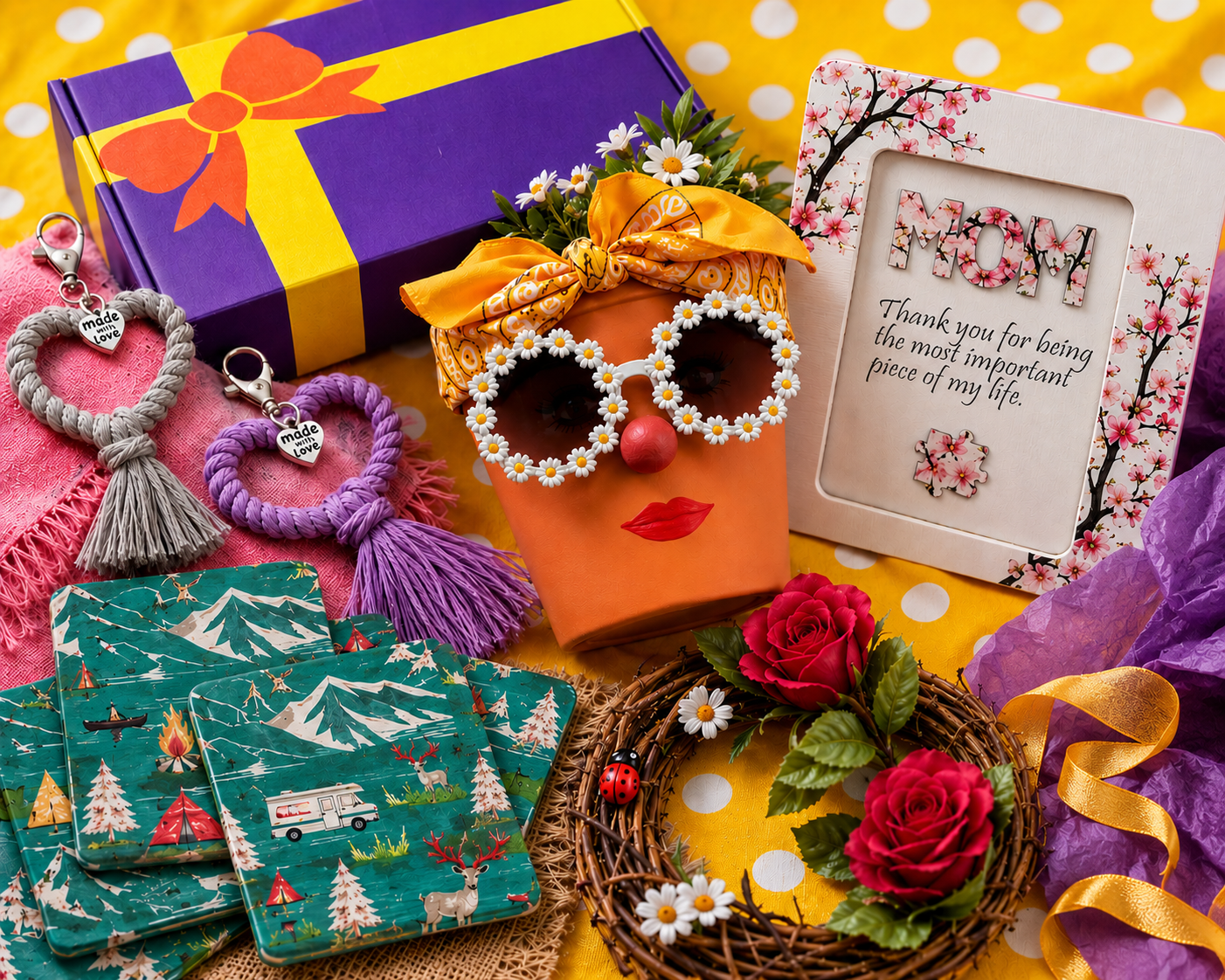 Gift items for Mother's Day celebration.