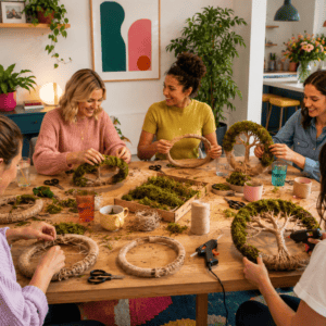 Women crafting moss wreaths around wooden table