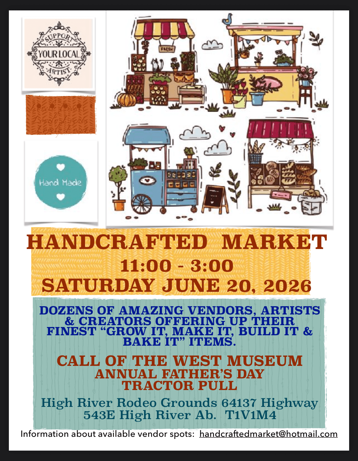Handcrafted market flyer with event details.