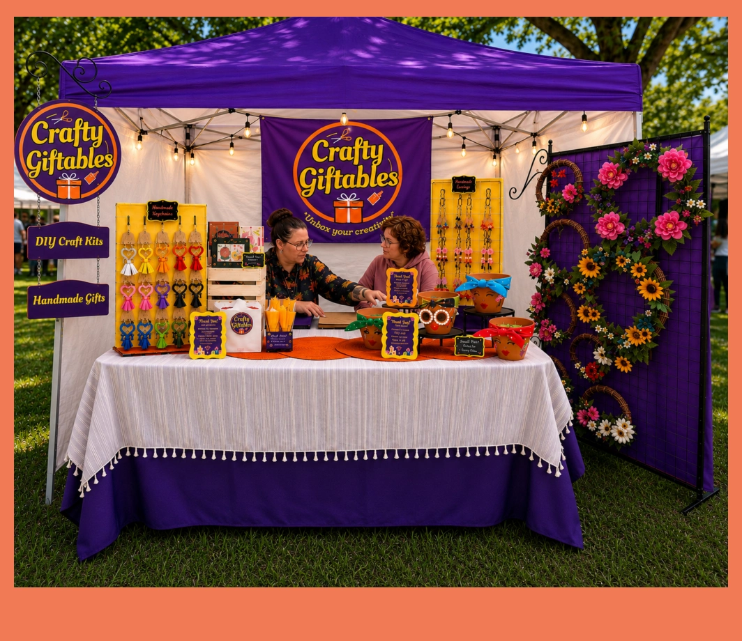 Purple craft booth with handmade gifts