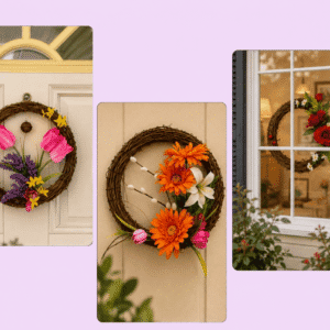 Three spring floral wreaths on doors and window