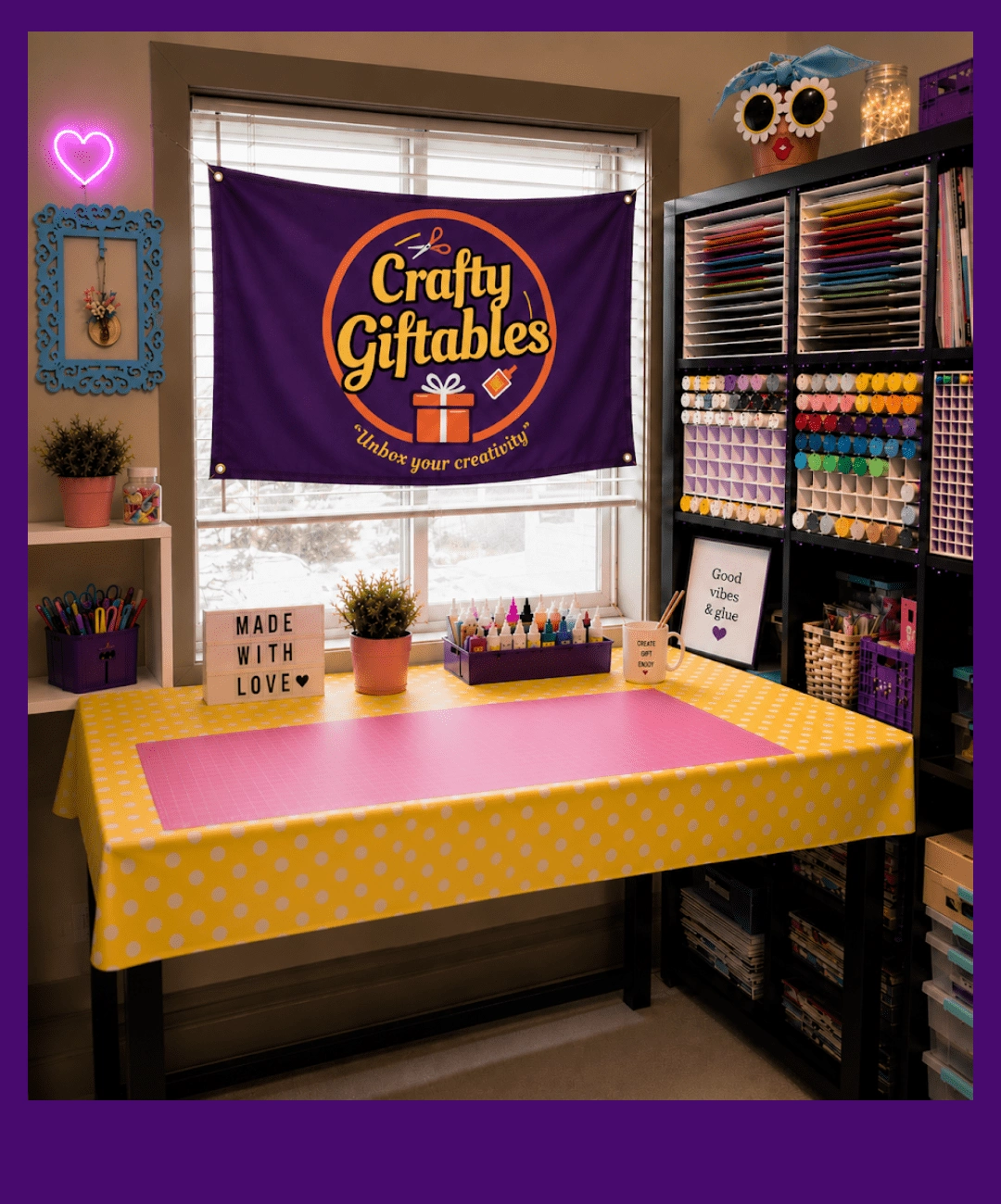 Colorful craft room with organized craft supplies