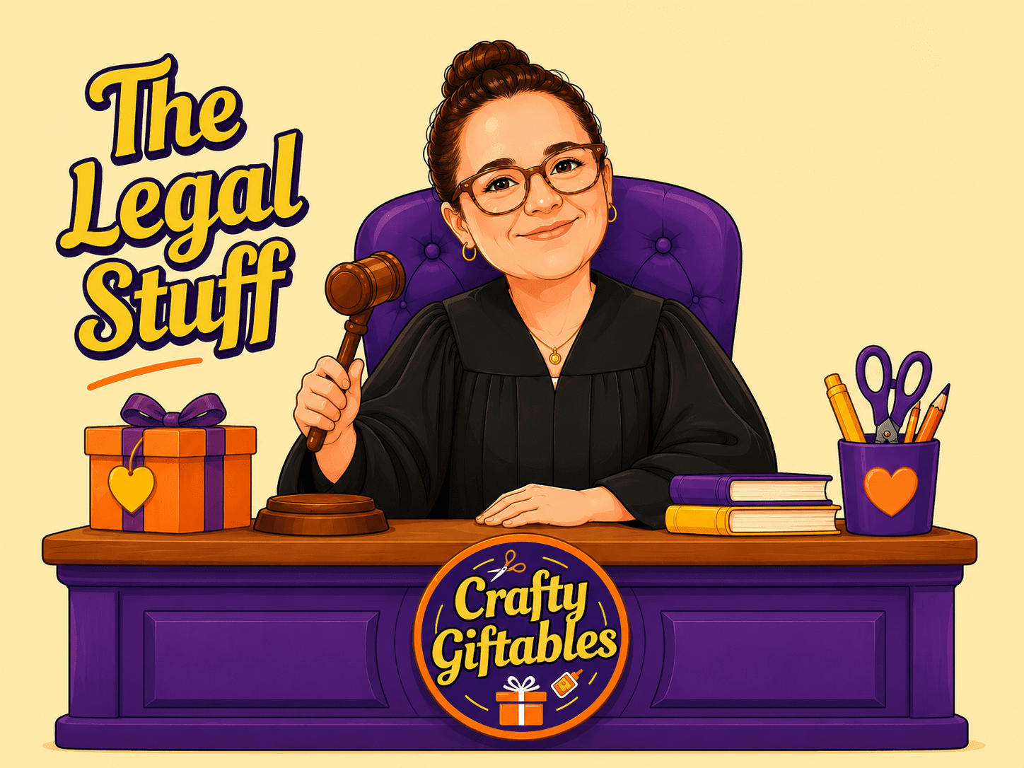 Judge illustration with gavel, books, and crafts.