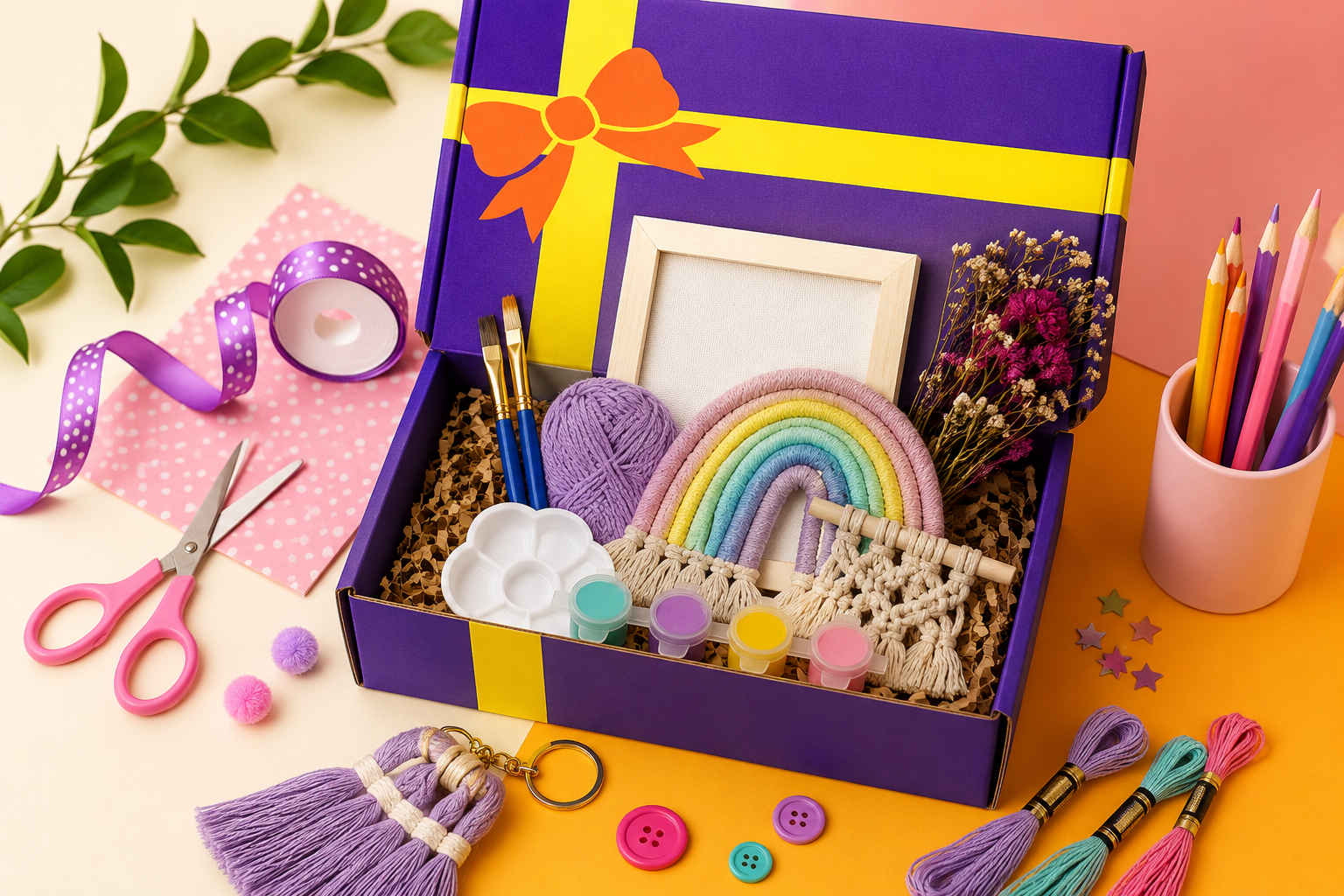Purple craft gift box with art supplies