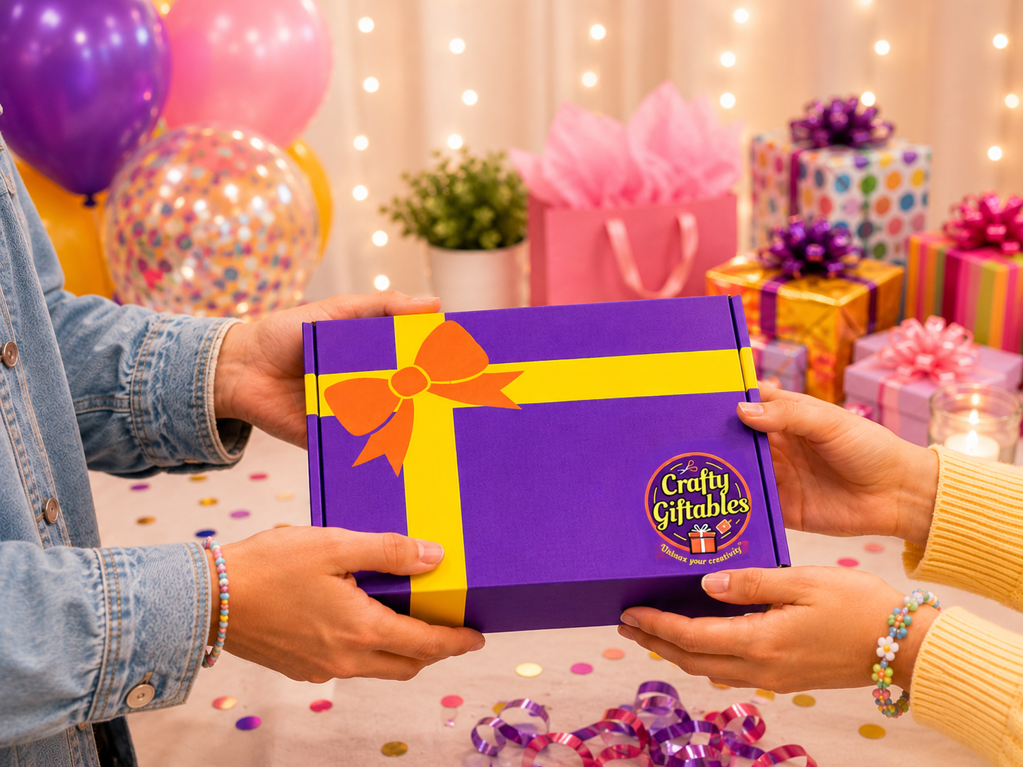 Hands exchanging purple gift box at party